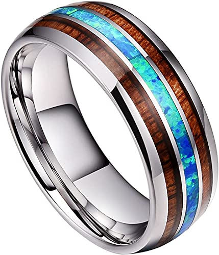 HPJ Hawaiian Blue Fire Opal & Koa Wood Ring Silver Tungsten 8mm Band Men and Women Size 6-14