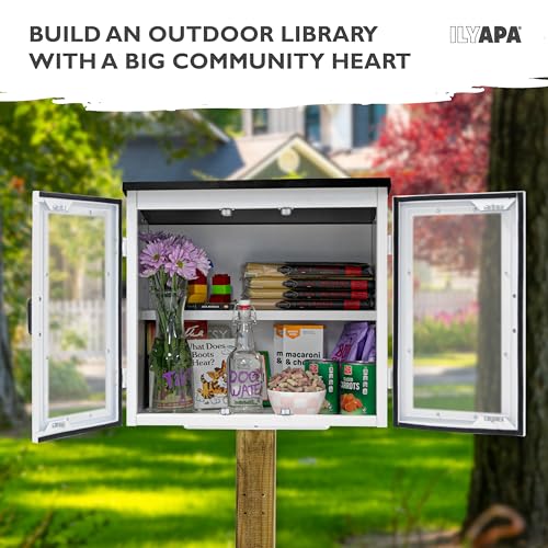 Image of Ilyapa Outdoor Library Book Box - Free Literature Exchange Kit for Outside - Little White Powder Coated Steel Box - with Easy 4x4 Post Mount - 20x14x19 Inch