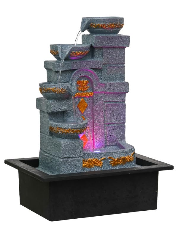 Image of Polyresin Designer Table Top Indoor Home Decor 4 Steps Waterfall Fountain with Yellow LED Lights & Water Flow Controller Pump (Size: 40 x 29.5 x 22CM | Weight: 2185grm | Color: Grey)