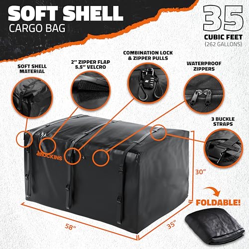Mockins 60"x36"x6" XL Folding Trailer Hitch Cargo Carrier & 35 Cu.Ft. Tow Hitch Cargo Carrier Bag | 500 Lbs. Capacity Luggage Rack for SUV Car Truck & Soft Waterproof Trailer Rack Bag with Accessories