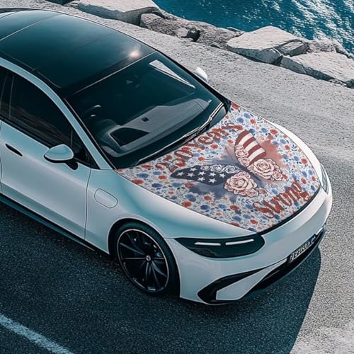 Image of American Flag Car Hood Cover, Rose Butterfly Washable Elastic Auto Hood Protector Stretchable Polyester Fabric, 250th Anniversary Car Bonnet All-Season Protection