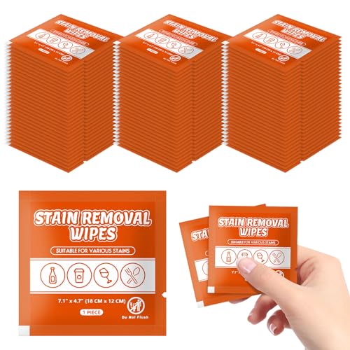 Image of Stain Remover Wet Wipes Bulk, Portable Cloth 7.1 x 4.7 Inch (Orange100) | Individual Wrapped Travel Messy Eater Cleaning Laundry Stain Removal Wipes Pocket Size for Clothing Fabric /Wine /Fast Food
