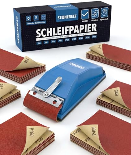 81-tlg. Schleifpapier Set inkl. Handschleifer 93x230 mm Schleifpapier in P40P400 Körnung Aluminiumoxid Schleifpapier für Holz Metall & Lack Sandpapier für Handschleifklotz