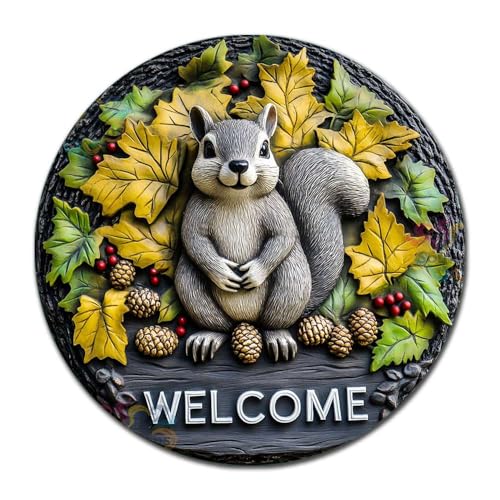Soulpons Vintage Wall Art 2D Flat Chubby Squirrel Welcome Decorative Tin Sign for Forest Decor Squirrel Lovers and Nature Inspired Home Accents 8×8 Inches