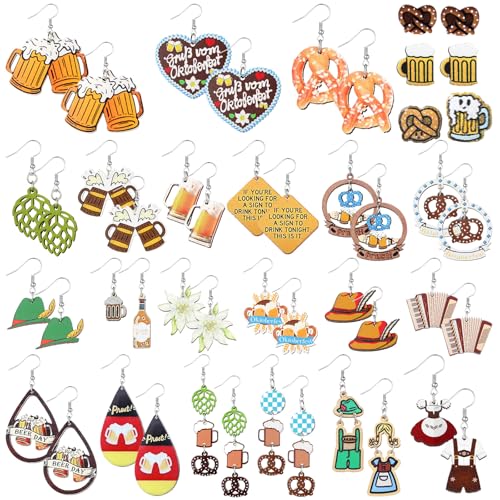 Nosiny 24 Pairs Wooden Oktoberfest German Salted Pretzel Earrings Beer Wine Mug Earrings for Women Funny German Oktoberfest Beer Festival Costumes Outfits Accessories for Women