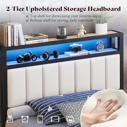 Image of AMERLIFE Twin Bed Frame with LED Light and 2 Storage Drawers, Metal Platform Bed with Storage Headboard, Velvet Upholstered, Heavy-Duty Slats, No Box Spring Needed, Easy Assembly, White