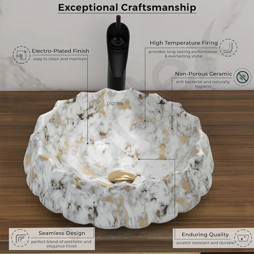 Image of Plantex Ceramic Basin for Bathroom /Table Top Wash Basin /Washbasin for Living Room, Restaurant (Marble Finish, 17 x 15 x 6 Inch)