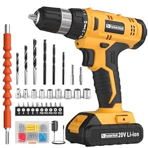 Cordless Drill Set, 20V Electric Power Drill with Battery And Charger, Torque 30N, 21+1 Torque Setting, 3/8-Inch Keyless Chuck, Drill Driver Bits Kit, with LED Electric Drill Set. (Yellow)