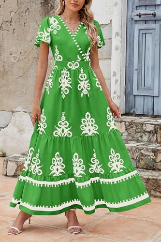Image of PRETTYGARDEN Womens 2026 Summer Casual V Neck Boho Maxi Dress Flowy Aline Bell Sleeve Tiered Floral Dresses with Pocket