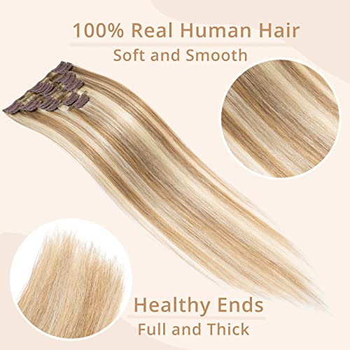 TESS Clip in Hair Extensions Real Human Hair Highlighted Remy Seamless 8 Pieces Straight Short for Women/Girls (#12P613 Golden Brown & Bleach Blonde - Image 2