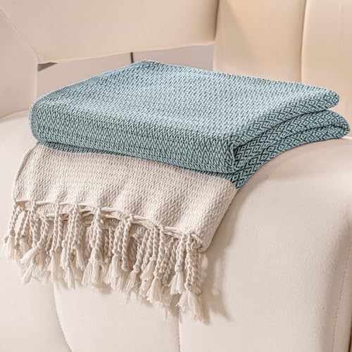 Peshtemania Premium Cotton Throw Blanket 50x60 inches Light Blue Turkish Herringbone Farmhouse Decor Yoga Blanket Picnic Blanket