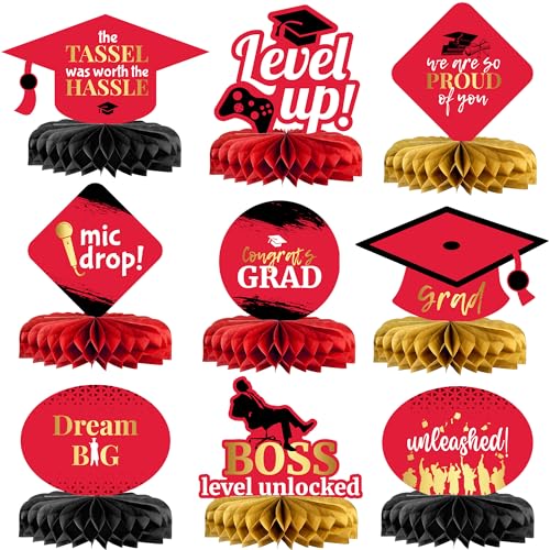 Graduation Decorations 2026, Red and Gold Graduation Centerpieces For Tables 2026 - Pack of 9 | Graduation Honeycomb Centerpieces | Red and Gold Grad Table Decorations | KatchOn