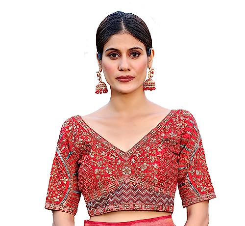 Image of Pujia Mills Mills Women's Fancy Readymade Heavy Coding Embroidary Worked Half Sleeve Multicolor Saree Blouse(Mushroom)