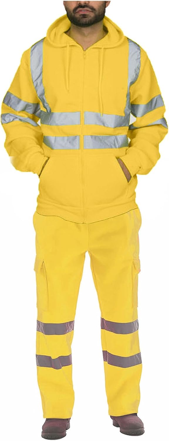 Men's Tracksuit Class 3 High Vis Safety Reflective Sweatshirt Pants Sets Warm Fleece Hoodie Jacket Workwear for Unisex