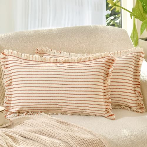 Image of ZWJD Throw Pillow Covers 12x20 Set of 2 Striped Pillow Covers with Fringe Chic Cotton Decorative Pillows Square Cushion Covers for Sofa Couch Bed Living Room Farmhouse Decor, (Burnt Orange)