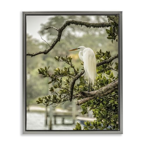 'Elegant Bird Perched Lakeside Tree'| Floating Frame Canvas Art