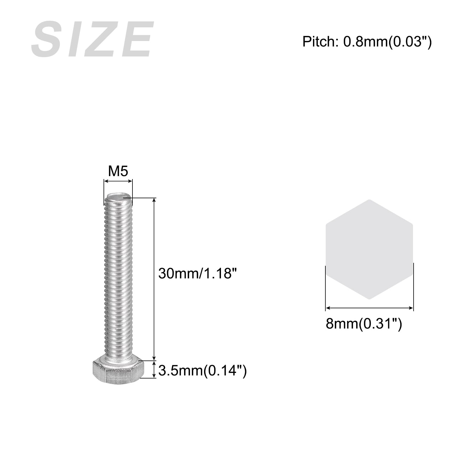 METALLIXITY Hex Bolts (M5-0.8x30mm) 30Pcs, 304 Stainless Steel UNC Fully Threaded Hex Head Screw Bolt Machine Screws - Image 2