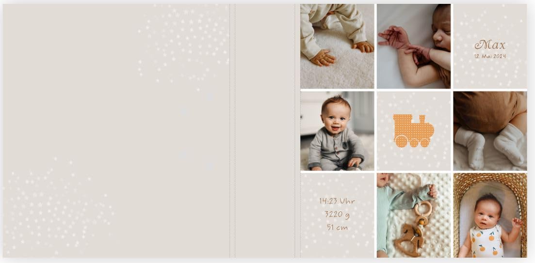 Ringordner | Ordner für Kinder | personalisiert mit Fotos + Name + Geburtsdaten | Sterne | Kleine Lokomotive | Mit Griffloch | für DIN A4 | 7,4 cm breit | Geburt | Baby | Liebe