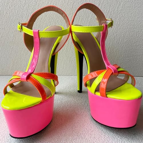 Frankie Hsu Sexy Stiletto Platform T-Strap High Heeled Sandals, Fashion Neon Colorful Fluorescent Pink Orange Yellow Party Style, Big Large Size Designer Shoes For Women Men3