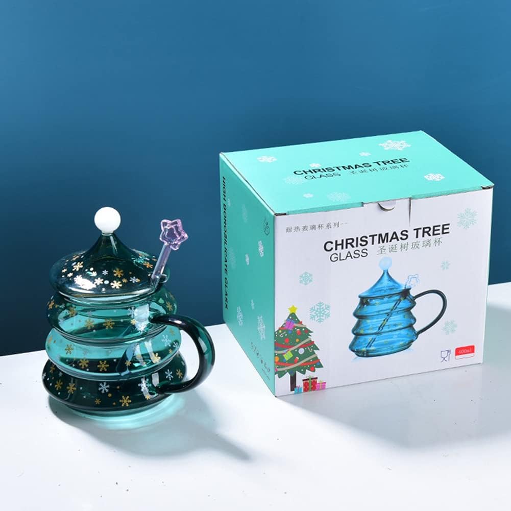 Ochine Cute Mugs Christmas Coffee Glass Mug Tea Cup Milk Cup Christmas Tree Shaped Double Wall Coffee Mug Espresso Cups with Dipper and Lid Cover Christmas Decoration Xmas Gift for Kids Adults