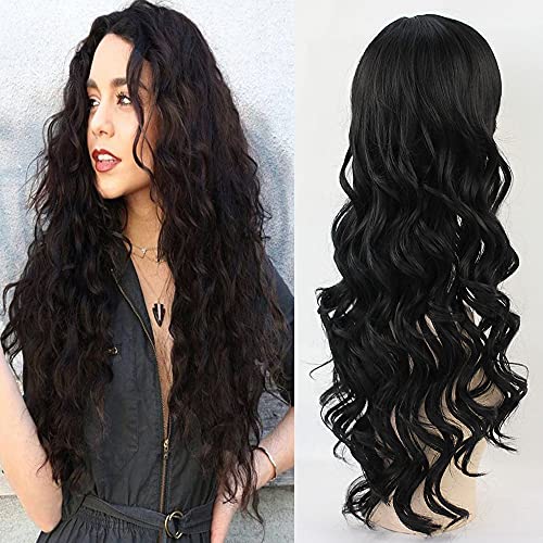 Top Straight Long Wave Wig with Side Fringe Bang Heat Resistant Synthetic Wig Natural Looking Wig Black Color Body Wave Wig for Party Cosplay(22 Inch)