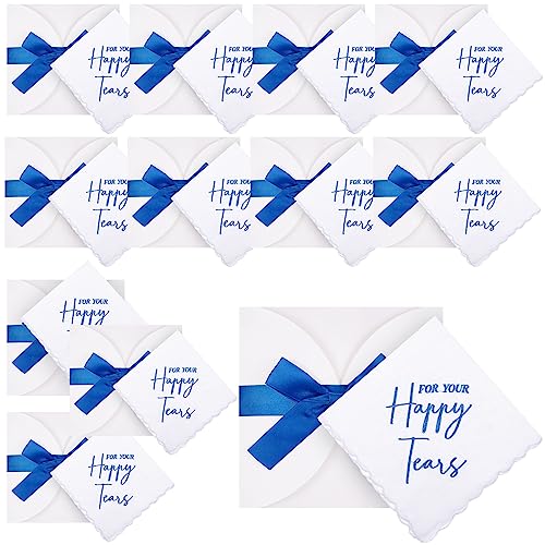 Kajaia 12 Sets Wedding Handkerchief 12pcs Embroidered Cotton Happy Tears Handkerchief with Scallop Lace Edges12pcs Blue Bows Envelopes Something Blue for Bride on Wedding Day