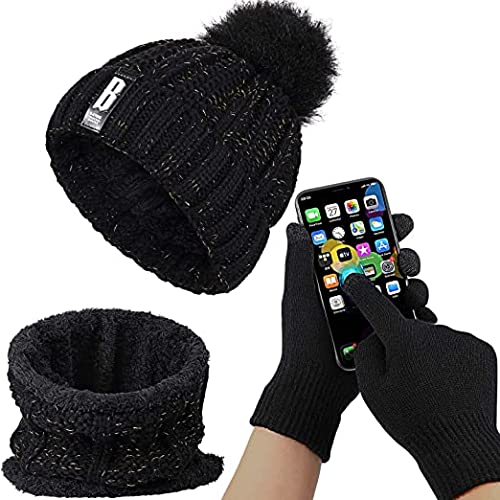Winter Knit Beanie Hat Scarf Set with Face Cover Touchscreen Gloves for Women & Girls, Pom Slouchy Skull Cap (Black)-image-13