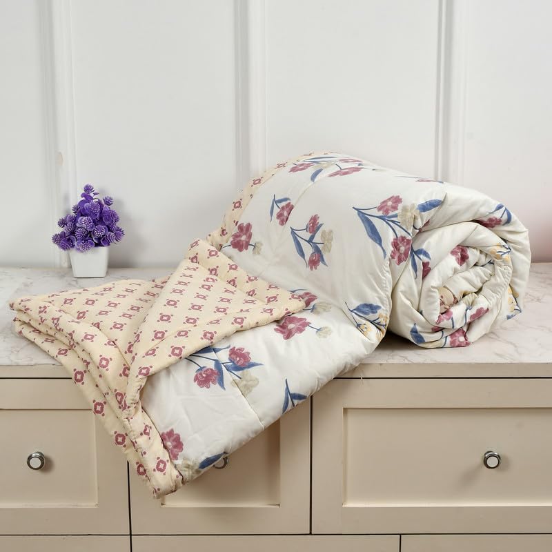 Image of Florida Maroon Floral Polycotton Double Bed AC Comforter with 1 Bedsheet & 2 Pillow Covers | Reversible 4 Pc Bedding Set