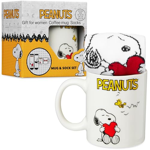 Get Trend Peanuts Snoopy Tasse und Socken Damen Teens 340ml/11.5oz Keramik Kaffeebecher Weich Kuschelsocken 3641 Größe Kawaii Geschenke für Frauen Teenager (Rot Snoopy)