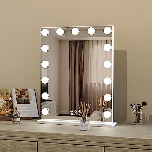 ANYHI Espejo Maquillaje con Luz, Espejo de tocador de Hollywood con 15 Bombillas LED, Espejo con luz para Maquillaje,3 Colores de Luz,Utilizado en Dormitorio o vestidor, 50 * 40cm
