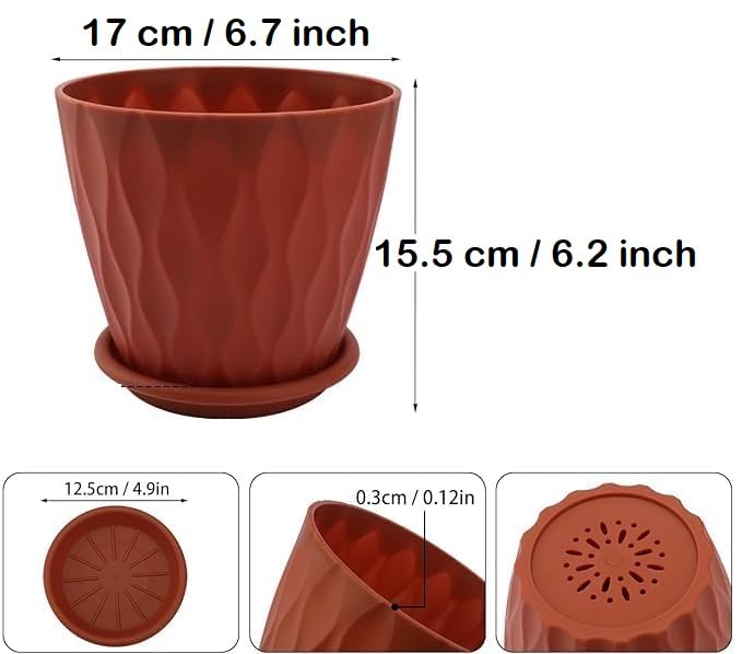 Image of Leafly Set of 5 Multicolor Round Flower Plant Pots (6.3 Inch) with Drainage Tray | Durable Lightweight Planters for Home, Office, Terrace, Balcony & Indoor /Outdoor Gardening (Crimson Wave)