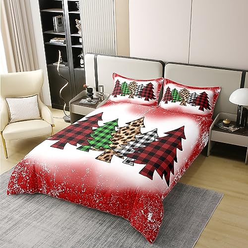 Homewish 100% Natural Cotton Xmas Duvet Cover Christmas Bedding Set Double Leopard Print Xmas Tree Comforter Cover Buffalo Plaid Red Grunge Tie Dye Bed Sets with 2 Pillowcases Soft - Image 2