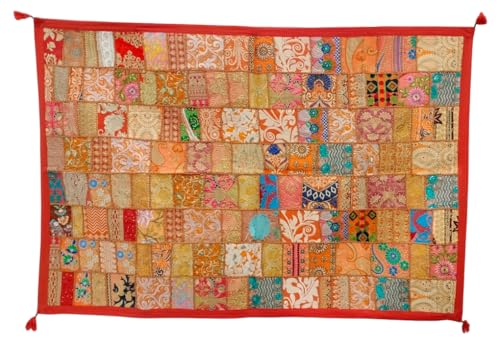 Image of Ekam Art Rajasthani Handmade Embroidery Cotton Patchwork Tapestry Cotton Wall Decor Hanging Beaded Tapestries 40 x 60 Inch (Orange)