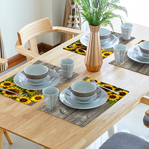 Sunflower Wood Grain Placemats Set Of 4 Summer Floral Non Slip Heat-Resistant Washable Table Place Mats Linen Tablemats For Kitchen Dining Table Home Decoration 12" X 18" #TOP6