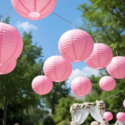 Image of Pink Chinese Paper Lanterns with LED Lights, 10-Pack 10inch | Hanging Lights for Wedding & Bridal Shower, Birthday Party Decorations, Ceiling Decor, Home Party, Baby Shower