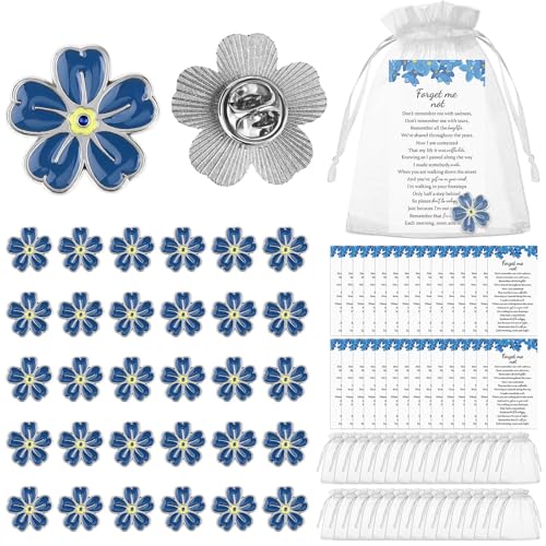 50 Set Forget Me Not Memorial Pin Flower Lapel Brooch Funeral Favor with Memorial Poem Cards and Organza Bags for Memorial Remembrance Presents