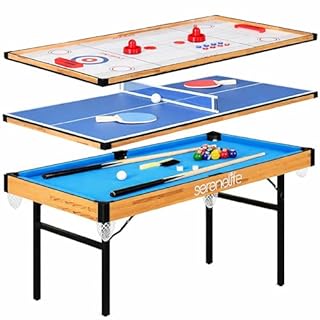 SereneLife 4 in 1 Multi Game Table, 4’x2’ Folding Portable Sports Arcade Games with Accessories, Ping Pong, Air Hockey, Pool Billiards, and Shuffleboard, for Indoor, Outdoor, All Ages