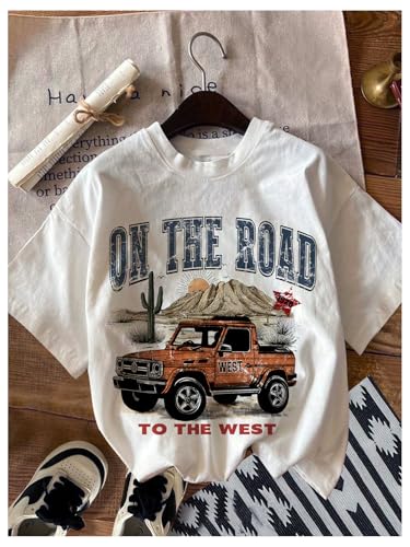 Image of RoseSeek Women's Graphic Letter Tee Crew Neck Drop Shoulder Trendy Summer T Shirt Short Sleeve Vintage Car Print Top