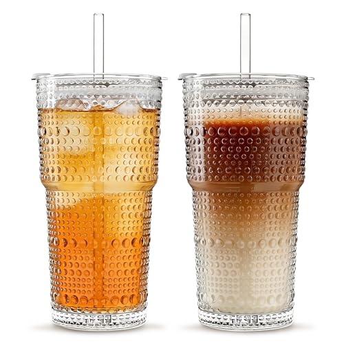 Image of INSETLAN 20oz Hobnail Glass Cups with Lids and Glass Straws - 2 Pieces, Thick-Walled Glass Tumblers for Iced Coffee, Smoothies, Milk, Water, Juice, and More - Elegant and Durable Drinking Glasses