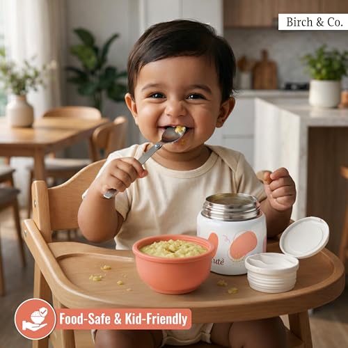 Image of Birch & Co. Baby Feeding Bowl and Spoon Set, Stainless Steel Food Bowls - 320ml, 304 Stainless Steel Baby Food Container with Double Wall Vacuum Insulation, BPA-Free Leak-Proof for School & Travel,Peach