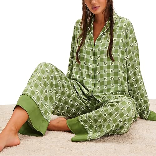 Image of Women Satin Pajama Set Floral Silk Pajamas 2 Piece Lounge Sets Button Down Shirts Wide Leg Pants Pjs Sleepwear