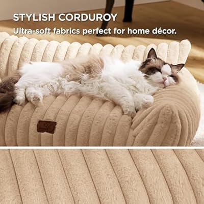 Bedsure ComfyFleeceTM Cute Cat Couch for Pets - As Seen on TV on Good Day New York, Fuzzy Cats beds for Indoor Cats with Removable Washable Cover, Supportive Pet Sofa, 24inch, Sandy Beige