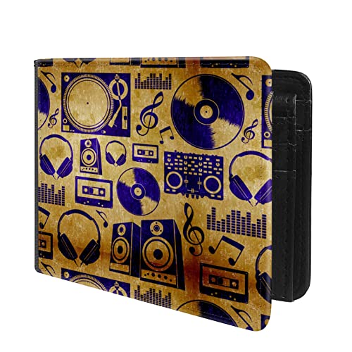 (Retro Music Theme Pattern Front Pocket Slim Bifold Leather Wallet RFID Blocking with ID Window for Men