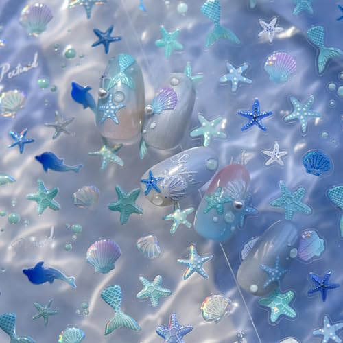 Xiannaipai XIANNAIPAI283 Summer Nail Art Stickers 5D Embossed Shell Starfish Nail Stickers Cute Dolphin Mermaid Nail Art Design Summer Sea Theme Nail Decals Self Adhesive Nails Supplies thumb #3