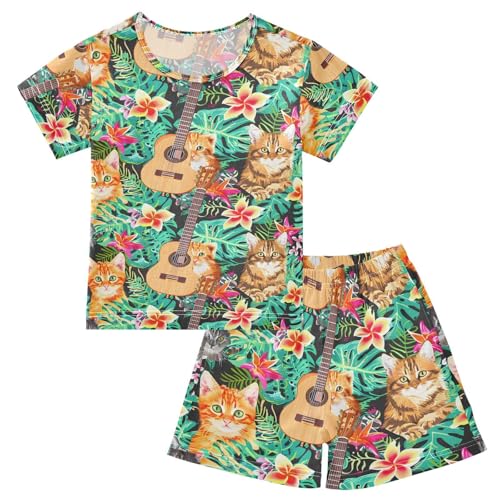 ALAZA Colorful Hawaiian Cat Kitten Guitar Pajamas Short Sleeve 2 Piece Sleepwear Top and Bottom Pajama Set Unisex