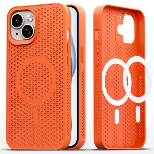 Image of Pikkme Back Cover for iPhone 15 Plus | Honeycomb Cooling Design | Silicone Heat Dissipation | Mag-Safe Compatible | Shockproof Camera Protection Bumper Case (Orange)
