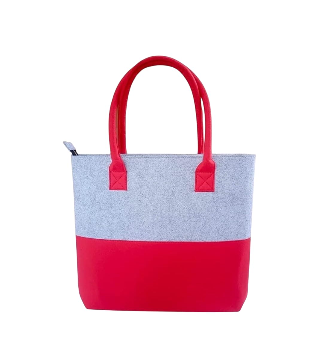 Premium Two-Tone Felt Tote Bag with Zipper | Vibrant Red & Grey Daily Handbag for Women | Eco-Friendly Shoulder Bag for College Office Shopping | Durable Spacious Travel Organizer Purse-picture-58