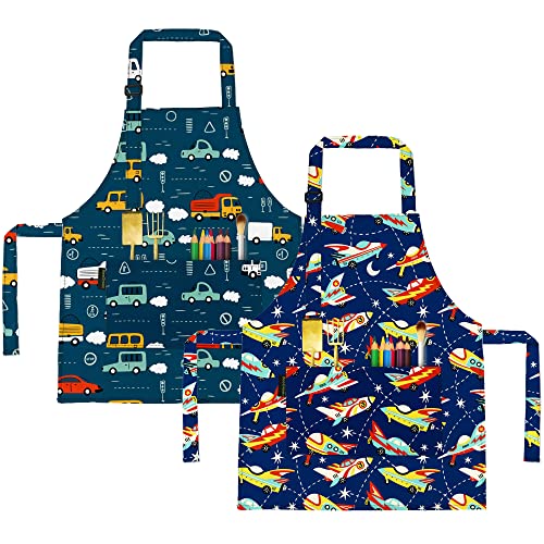 BeeGreen Kids Apron 2 Pack Cooking Aprons w Adjustable Strap Kitchen Aprons with Front Pockets for Girls & Boys Toddler Aprons for Painting Baking Artist Smocks Washable Waterproof(Cars & Rockets)