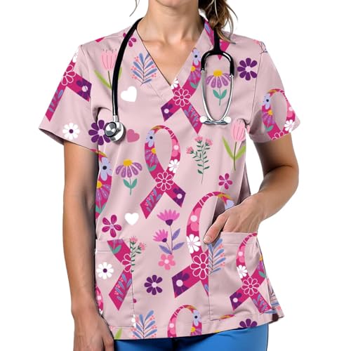 VillbeCoser Scrubs for Women V Neck Cute Printed Scrub Tops Medical Nurse Shirt Soft Casual Uniform(D3353-Pink M)