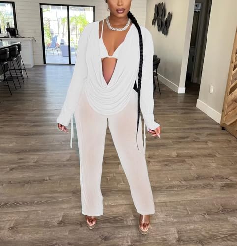 EDITCOZY Women Mesh Sheer 3pcs Outfits Long Sleeve Top Long Pant Bikini Cover Up3